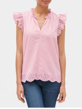 GAP Light Pink Eyelet Ruffle Sleeve V-Neck Top